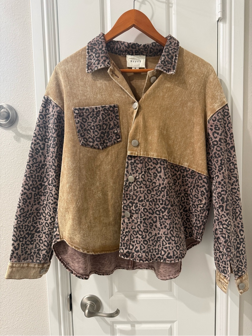 HYFVE Leopard Colorblock Denim Shacket Jacket Size M